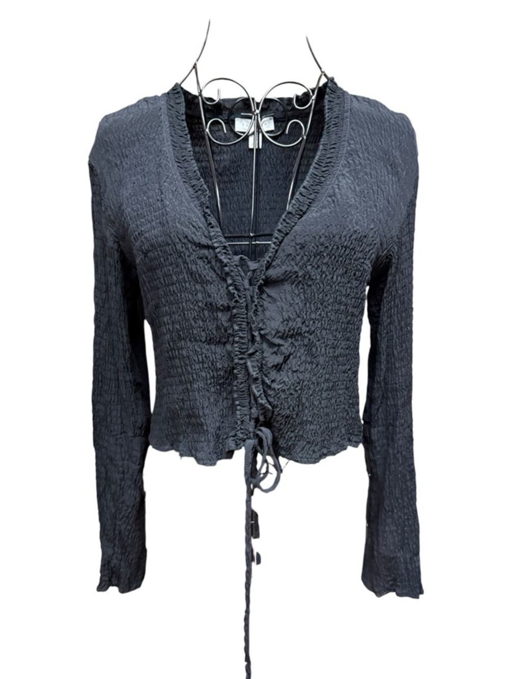 Topshop Black Crinkle Smocked Tie-Front Long Sleeve Cropped Blouse size 4